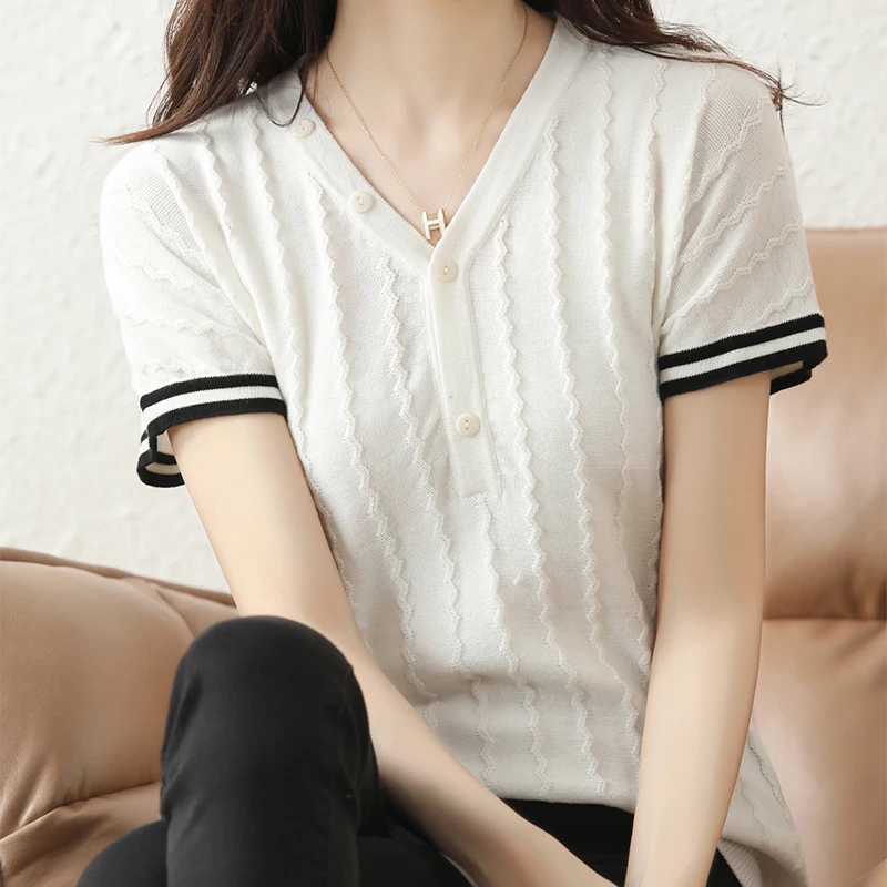 

New Summer 100% Cotton Short-Sleeved Knitted T-Shirt Ladies Color-Blocking Sweater V-Neck Loose Pullover Thin Cotton Women Tops