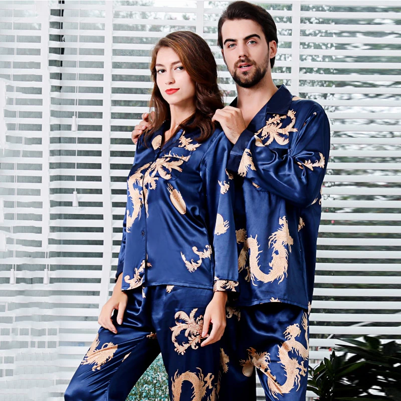 2022 Silk Couple Pajamas New Long-sleeved Suit Men and Women V-neck Silk Print Dragon and Phoenix Homewear Sleepwear