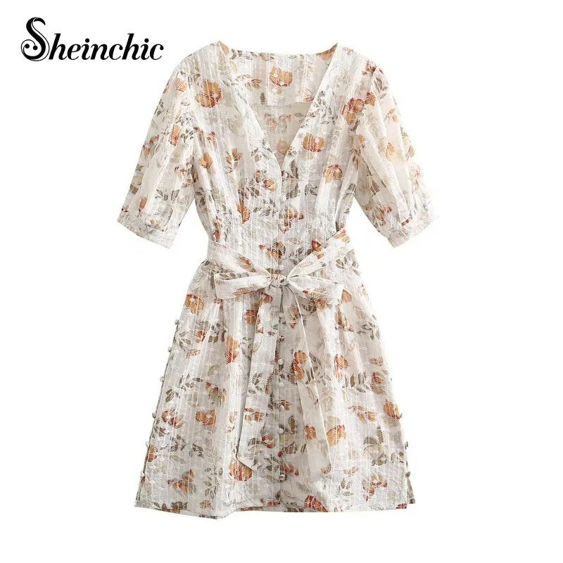 

Vintage Flower Embroidery Dresses for Women 2022 Runway Designers Elegant V-neck Short Sleeve Mini Dress Casual Summer Clothes