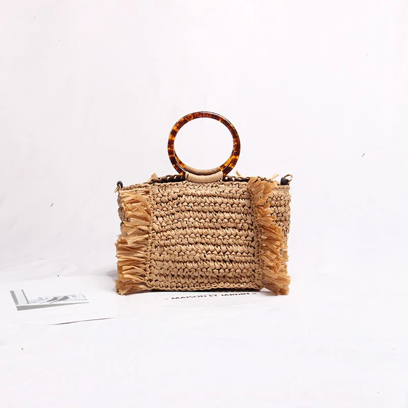 Boho Woven Beach Bags for Women Bohemian Tassel Straw Bag Designer Handbags Acrylic Round Handle Shoulder Crossbody Bag Clutch