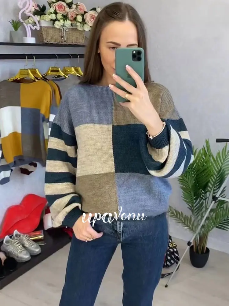 

Free Shipping Sweater Women's Striped Plaid Chic Vintage O-Neck Loose Pullover Knit Spring Casual Versatile Women's Sweater 2022