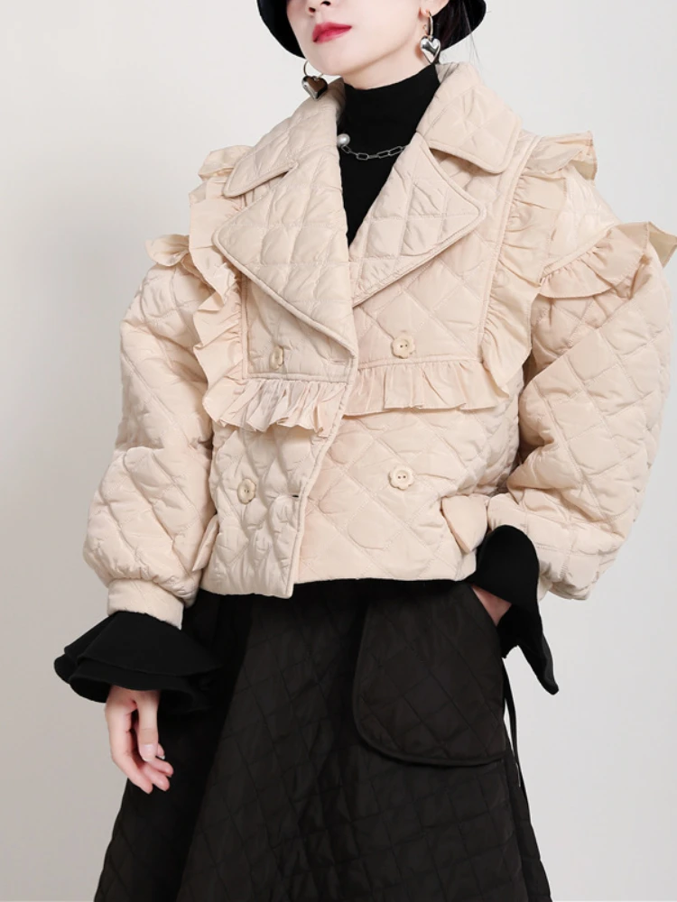 

Winter Quilted Jackets for Women 2023 Black Ruffles Long Sleeve Short Jacket Women Parkas Fashion Vintage Cotton Padded Coat