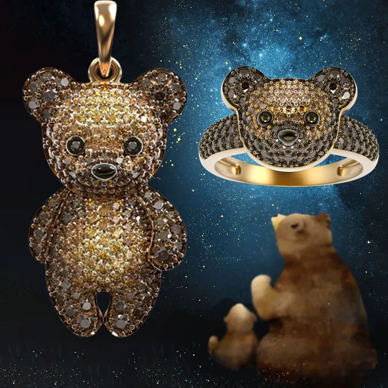 

1/2 Pcs Cute Bear Necklace Pendant Bear Men Rings Exquisite Trendy Jewelry Sets Exquisite Creative Jewelry for Women