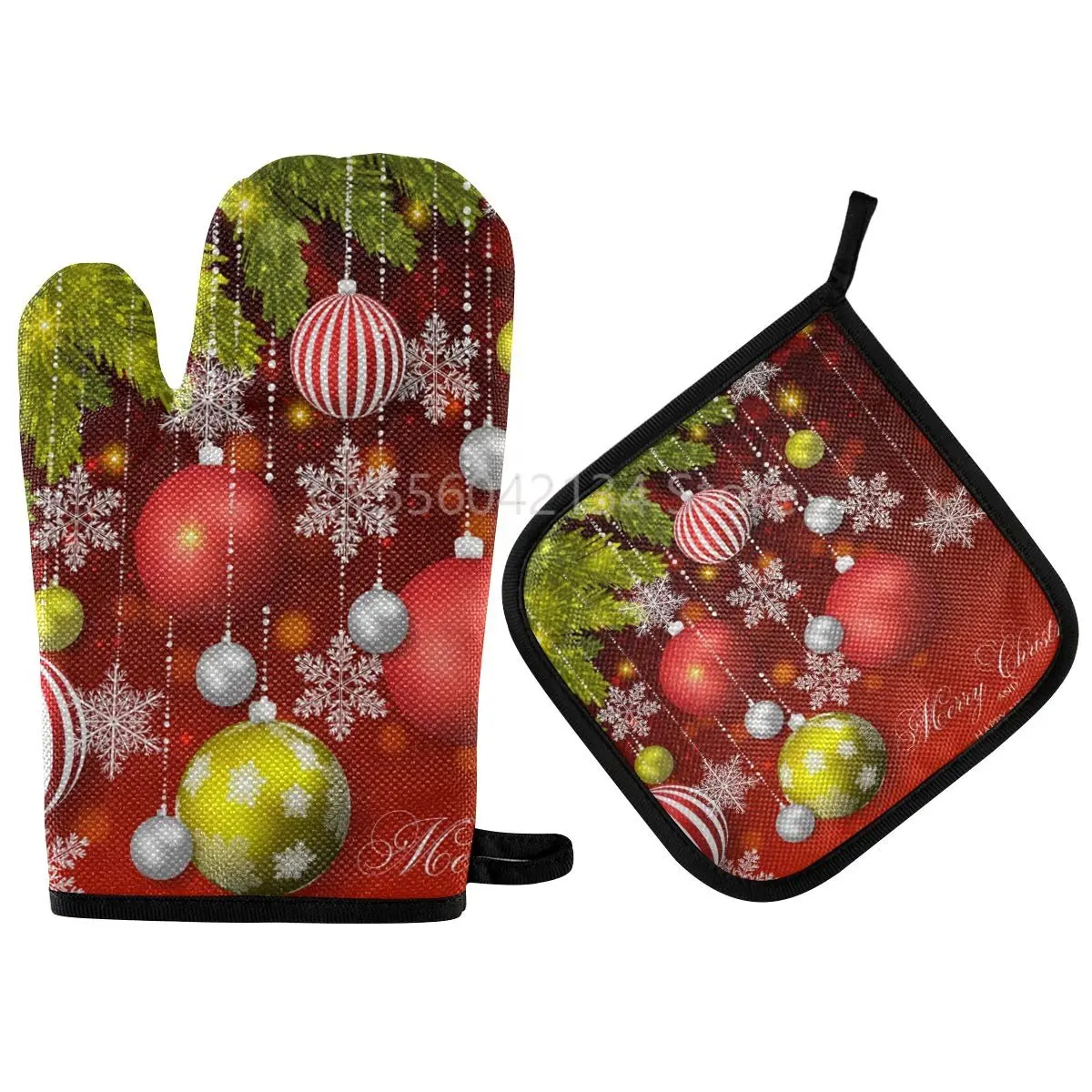 

Варежки для духовки с рождественскими шариками, набор зимних варежек с снежинками, Нескользящие кухонные моющиеся термостойкие перчатки д...