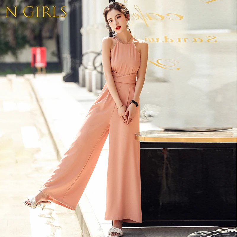

2022 Summer New High Fashion Halter Sling Sexy Jumpsuit Solid Elegant Women's Clothing Wide Leg Long Pants Casual Office Suit