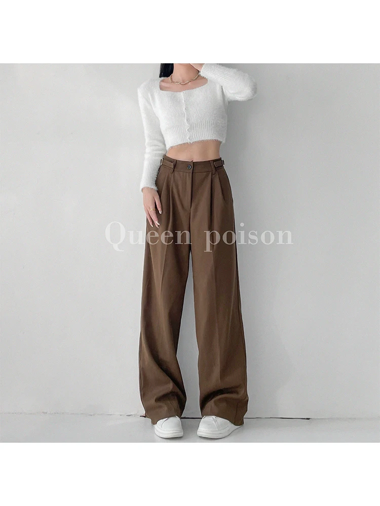 

High Waist Pleated Women Simple Trousers 2022 Autumn Winter New Loose Wide Leg Straight Mopping Pants Office Lady Vintage Chic