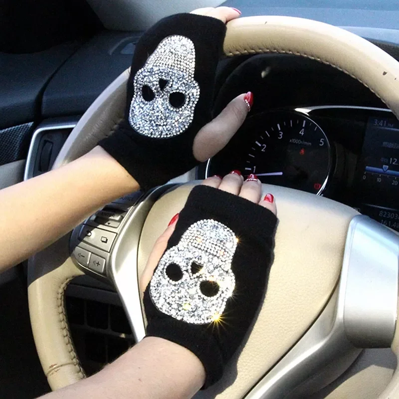 

New in Gloves Women Rhinestone Skull A+ Diamond Crown Half Finger Warm Knitted Black Mittens students Gants Femme jackets gol