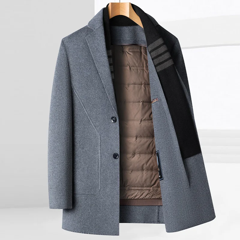 Новое поступление 2024 зимний плащ из 90% белого утиного пуха 70% шерсть мужские