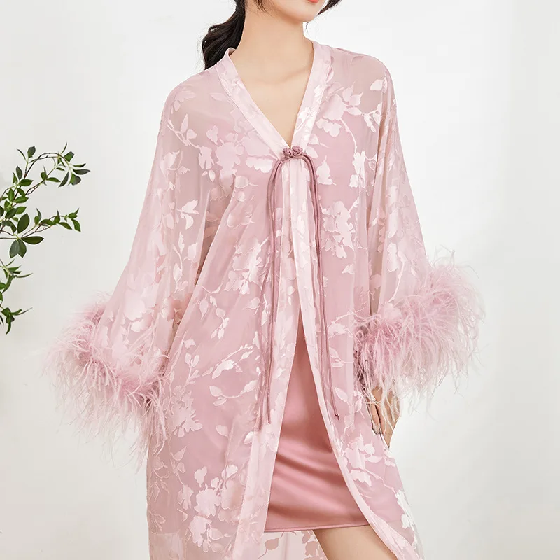 New ostrich feather luxurious feather bathrobe high-end sense pajamas костюм женский sleepwear  bathrobe
