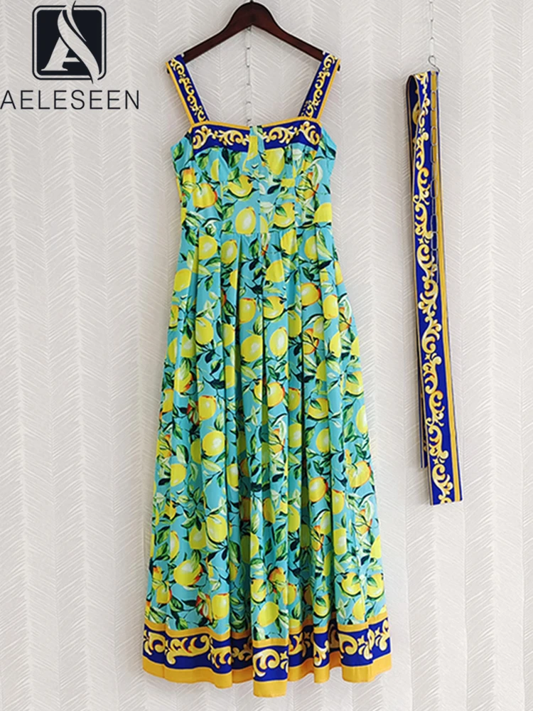 

AELESEEN Sicily Long Dress Women Blue Lemon Printed Spaghetti Strap Backless Belt Elegant Fashion Runway Holiday Camisole