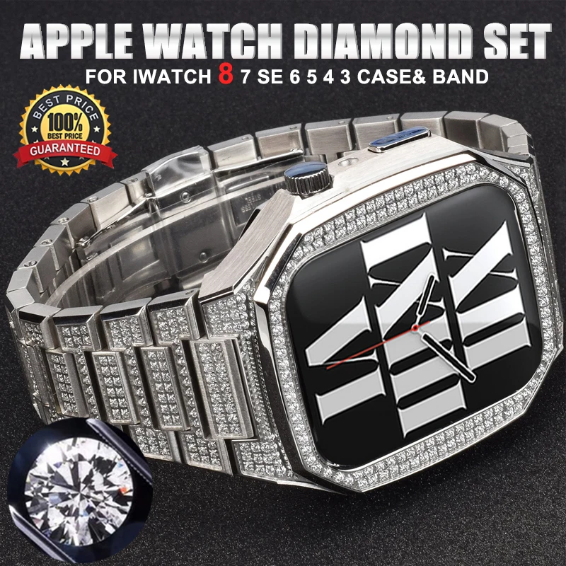 

Luxury Diamond Modification Kit Case Band For Apple Watch 8 7 45mm Steel Strap For iwatch Series 6 5 SE 44mm Refit Accessoires