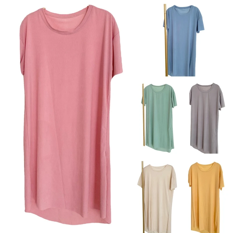 

Women Summer Short Sleeve O-Neck Oversize T-Shirt Dress Solid Color Cooling A-Line Sleepshirt Casual Loose Loungewear Knee Swing