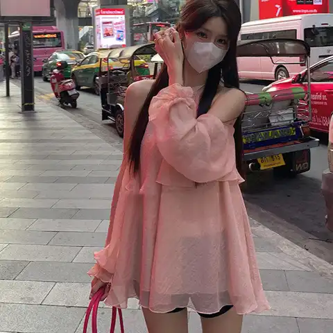Korean Sexy Pink Elegant Ladies Tops Shoulderless Chiffon Ruffle Shirts Summer Hollow Loose Halter Blouses Puff Sleeves Blusas