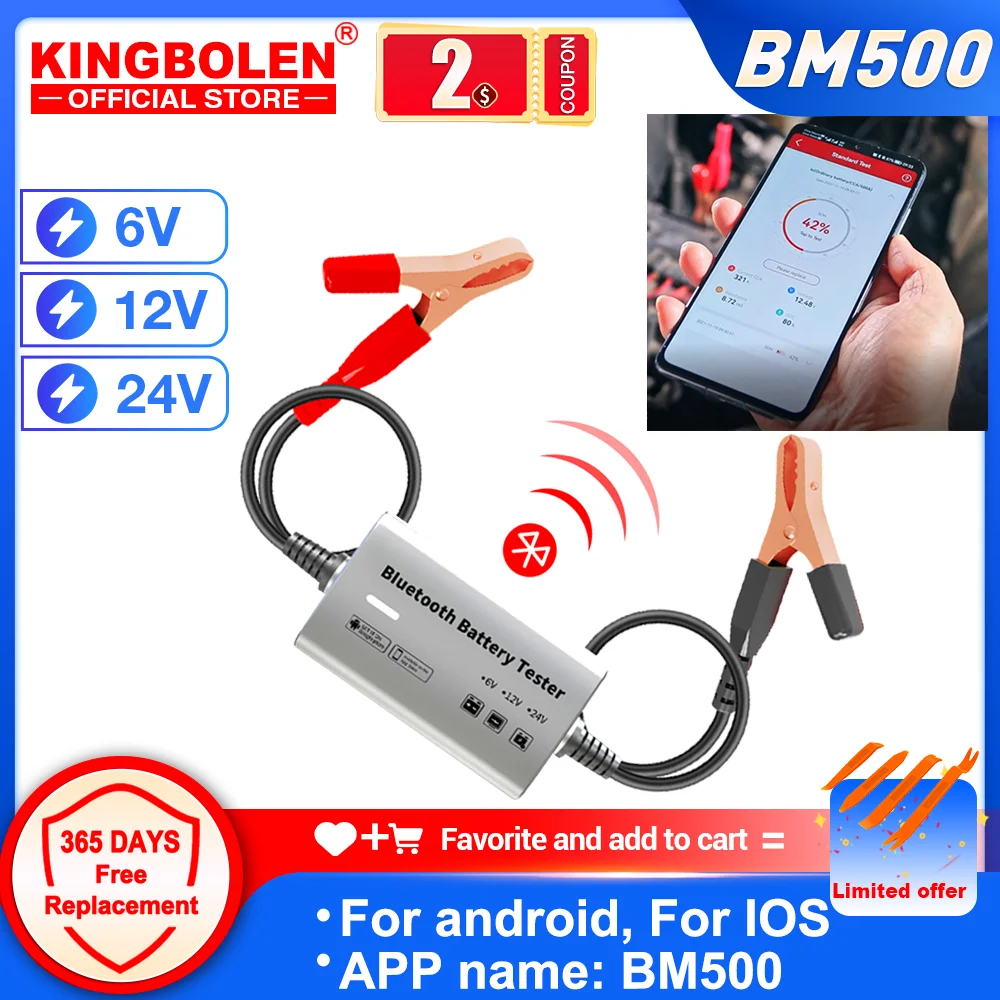

KINGBOLEN BM500 Автомобильный аккумуляторный тестер для грузовиков Беспроводной Bluetooth 6 В 12 В 24 В Анализатор автомобильных аккумуляторов Тестовые ...