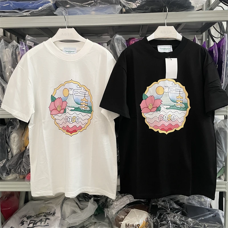 

Men Women Oversized Lotus Printing O-Neck Short Sleeve T-shirt Top Tees Casablanca T Shirt