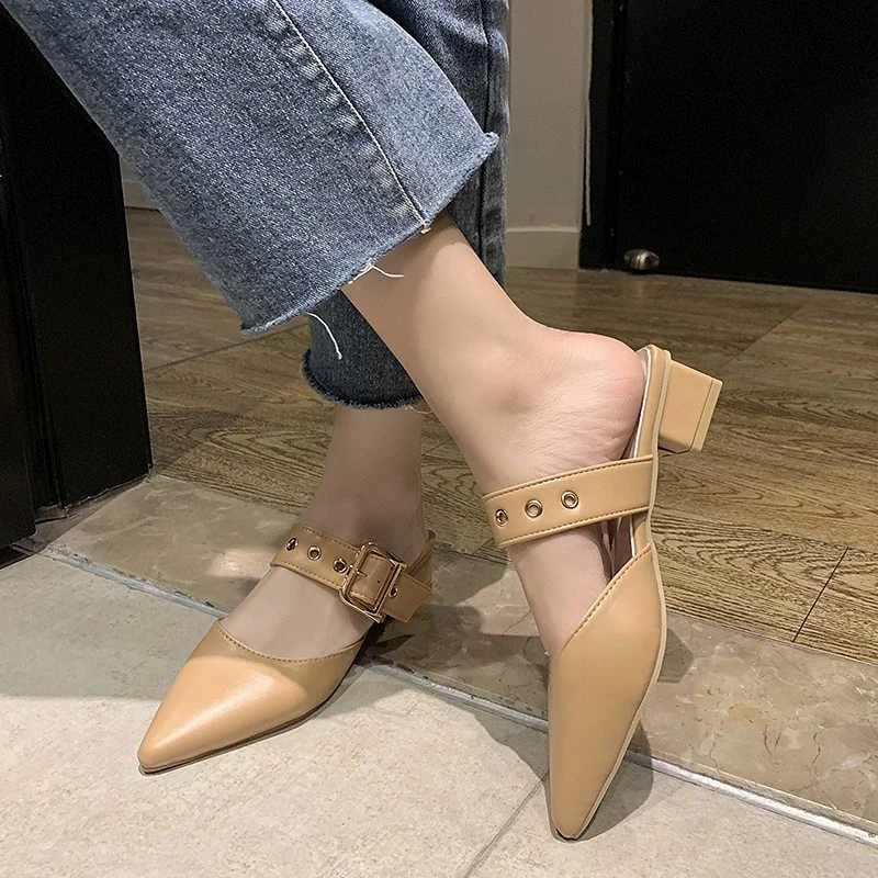 Spring Autumn Women Sandals Pointed PU Leather Cross Strap Pump Buckle Casual Female Metal Buckle High Heels Pointed Toe Shoes