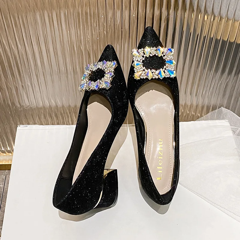 Women Pointed Toe Pumps Slip on Office Lady Wedding Bridesmaid Dress Shoes 5cm Med Heel Bling Crystal Chain Femle Soles D89