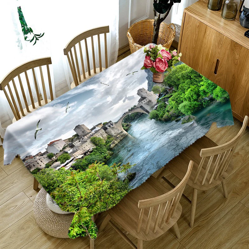 3D Tablecloth Landscape Flowers Pattern Dustproof Rectangular Dinning Table Cover Restaurant Coffee Table Mat Wedding Decor