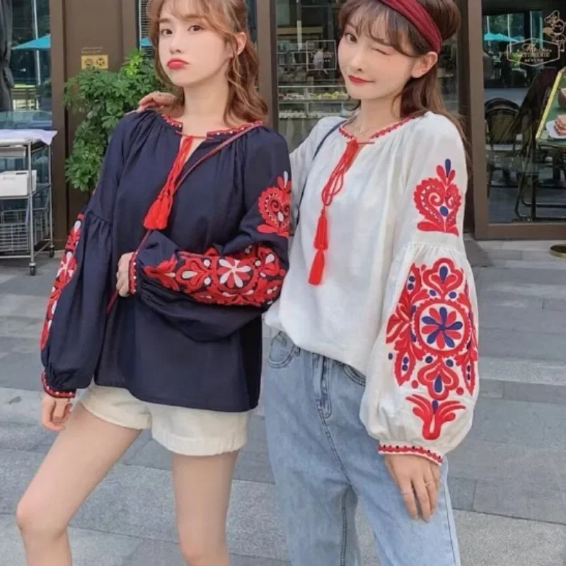 

Women's Retro Blouse Embroidered Lace-Up Tassel V-Neck Lantern Sleeve Tops Loose All-Match Female Blusa National Style