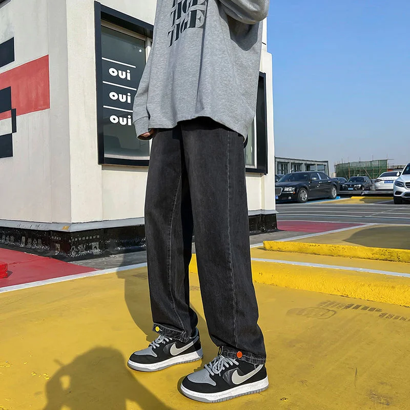 

Джинсы мужские свободные на пуговицах, трендовые повседневные брюки с широкими штанинами, прямые брюки из денима с вареным эффектом, четыре сезона