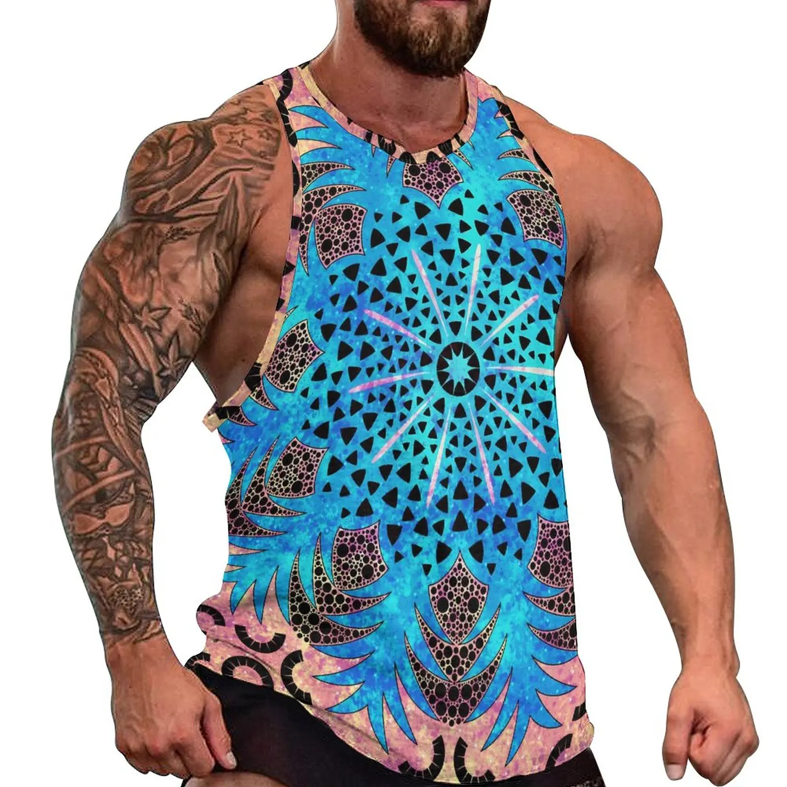 

Vibrant Mandala Tank Top Man's Blue And Pink Pineapple Muscle Tops Beach Gym Printed Sleeveless Vests Large Size 4XL 5XL