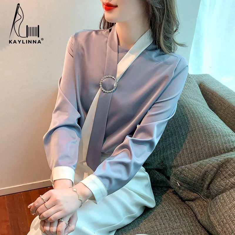 KAYLINNA Elegant Spliced Lace-up Solid Blouse Women Casual Shirts Long Sleeves Woman Blouses Chiffon Shirt Tops Women's Clothing