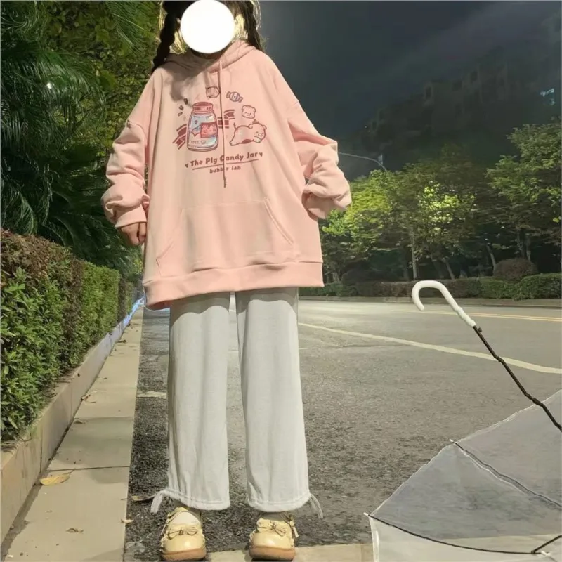 

Schoolgirl Loose Printed Hooded Sweatshirt