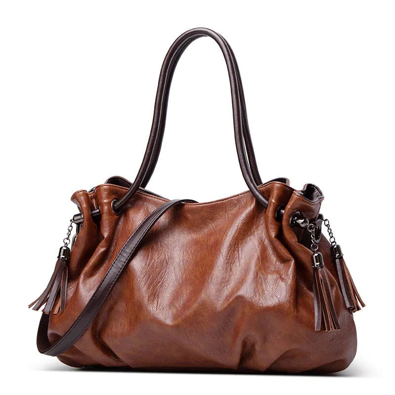 

Women Vintage Large Capacity Handbags Soft Leather Ladies Hobo Bag Pleated Tassel Design Tote Shoulder Bags