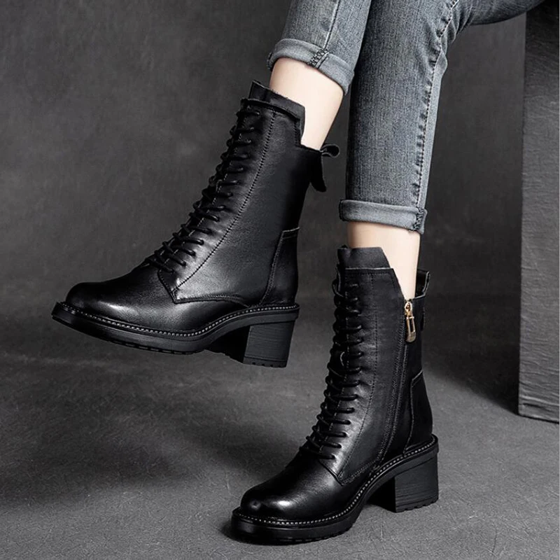 2023 High Top Cow Leather Quality Women Shoes Autumn Winter Square Med Heel Ankle Boots Lace Up Zipper Ladies Warm Cotton Boots