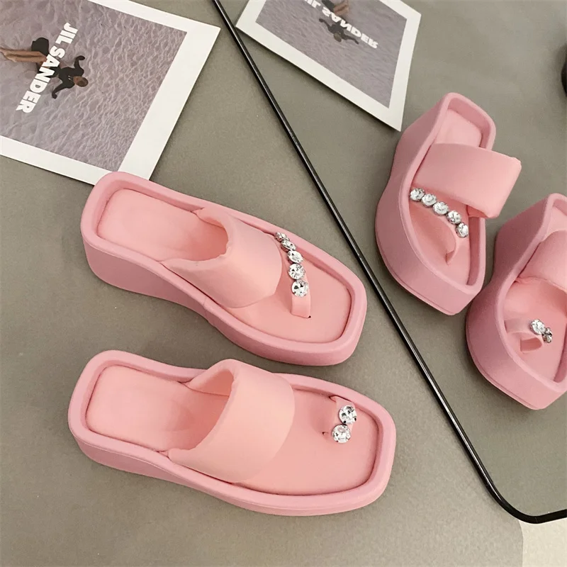 2023 Summer New Clip-toe Crystal Slippers Women Wedges Platform Shoes Fashion Flip-flops Fad Dress Sandals Casual Beach Slides