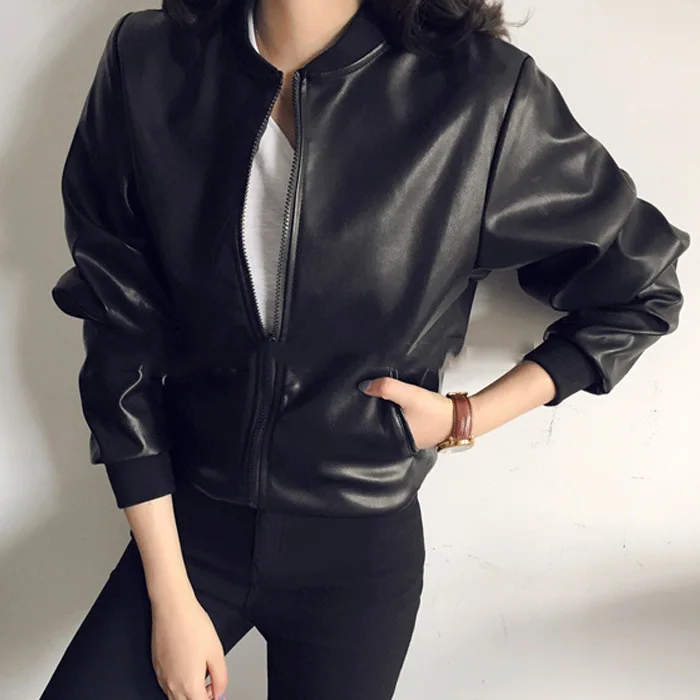 Black Punk Gothic Cool Girl Zipper  PU Leather Jacket Female Short Retro Stand Collar Zipper Black Motorcycle Jacket Cardigan