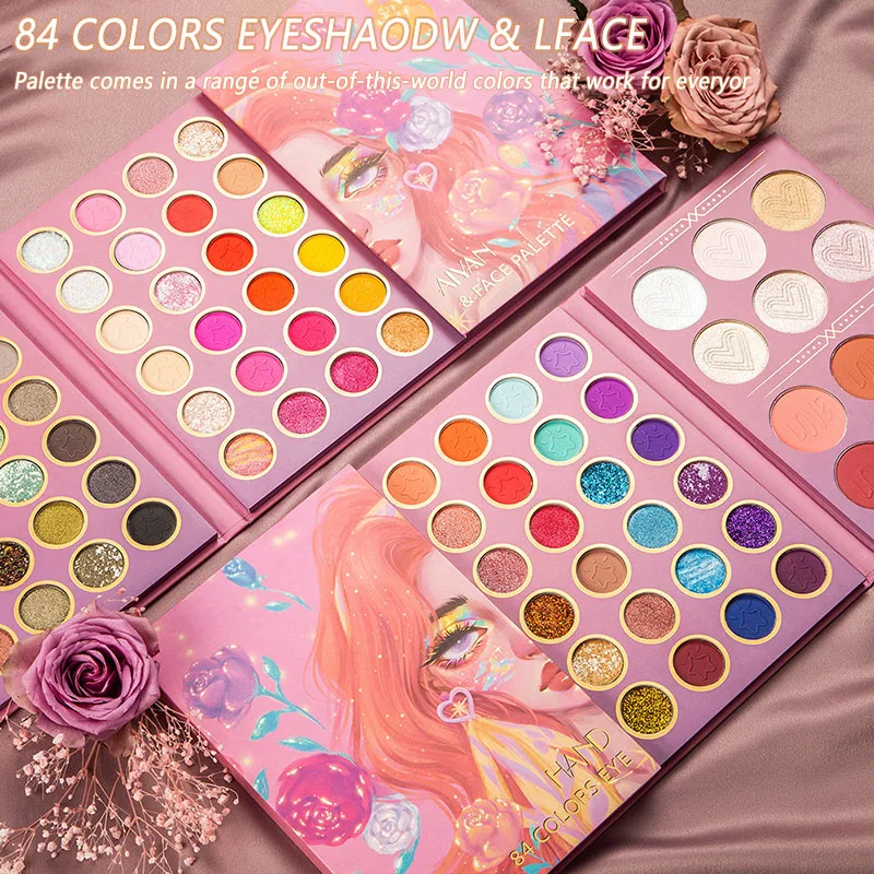 

84 Colors Rainbow Color Eyeshadow Palette Glittery / Metallic Shimmer Pigment Set Facial Makeup Blush Highlight Cosmetic NN