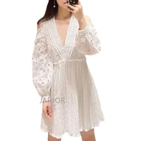 holiday style hollow off shoulder ruffle dress 2022 summer new fashion deep v white long sleeved short dress women pure white