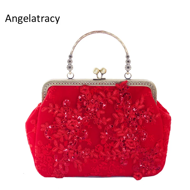 

Angelatracy 2023 Handmade Evening Bags for Women 2023 Red Lace Party Women Clutch Bag Luxury Handbag Blingbling Vintage Clasp
