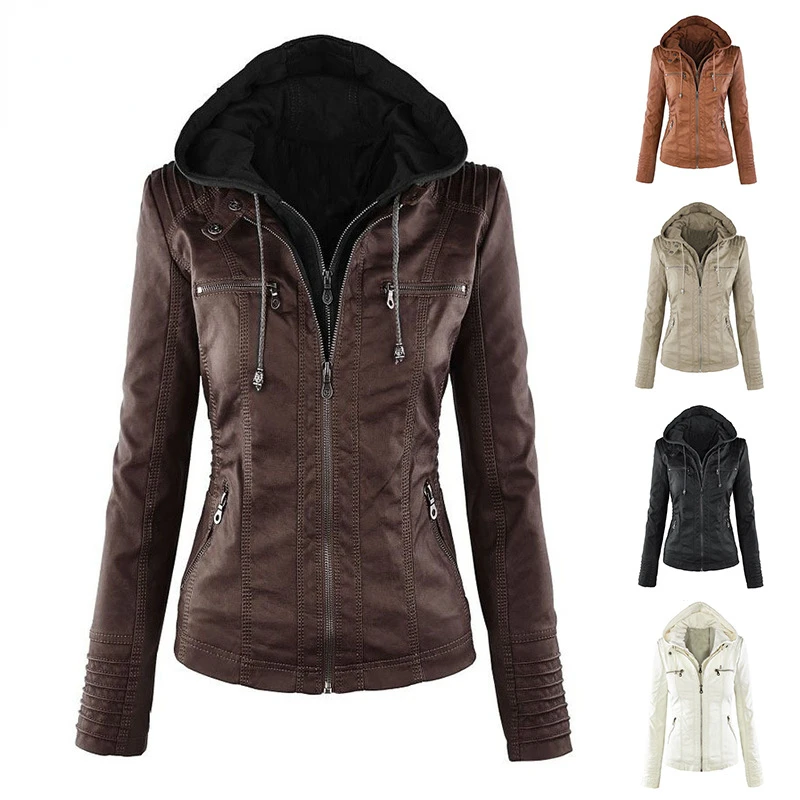 Winter Women's Hooded Slim Leather Jacket Coat Women