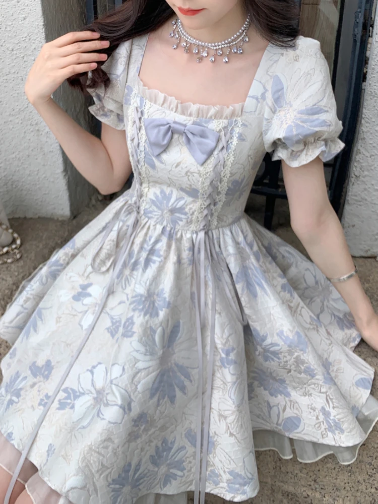 

Print Kawaii Sweet Party Mini Dress Women Puff Sleeve France Vintage Dress Female Square Collar Korean Fairy Dress Summer 2023