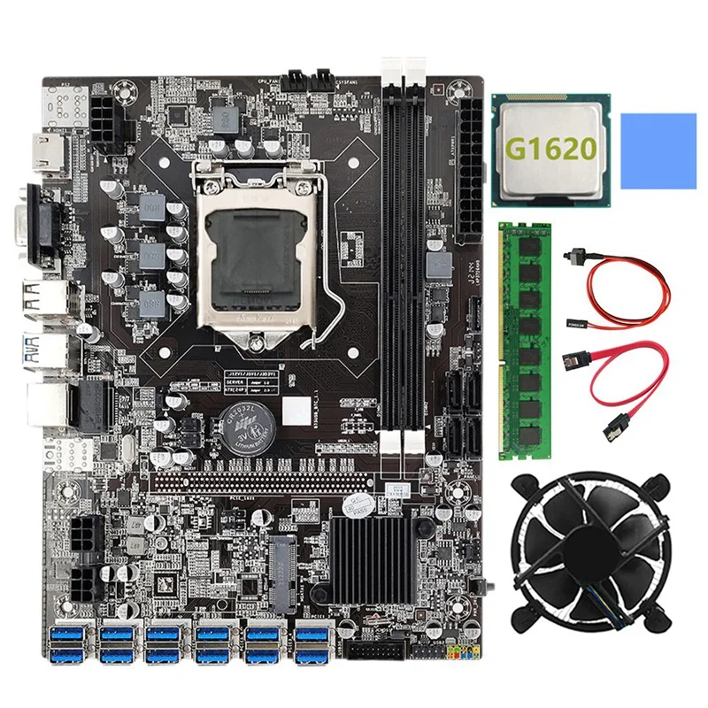 Материнская плата B75 BTC для майнинга 12 PCIE к USB LGA1155 DDR3 4 Гб 1333 МГц ОЗУ + ЦП G1620 кабель