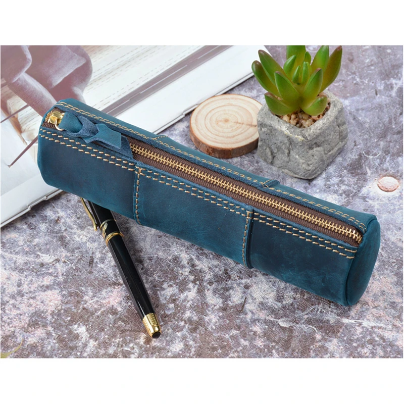 

Genuine Leather Zipper Pen Bag Handmade Pencil Bag Vintage Retro Style Creative Trinodal Model School Stationery Product