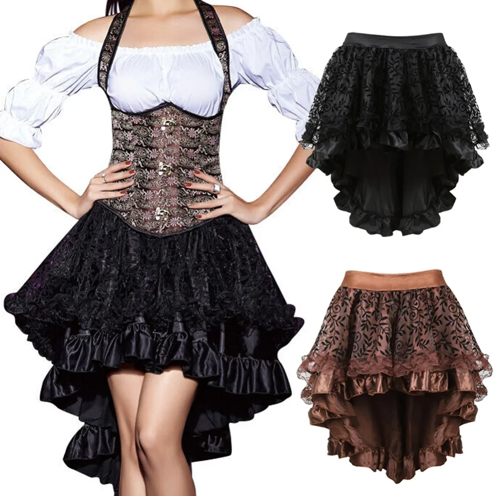 

Sexy Steampunk Satin Lace Skirt Women Vintage Victorian Asymmetrica High Low Ruffles Skirts Burlesque Corsets Skirt Clubwear 6XL