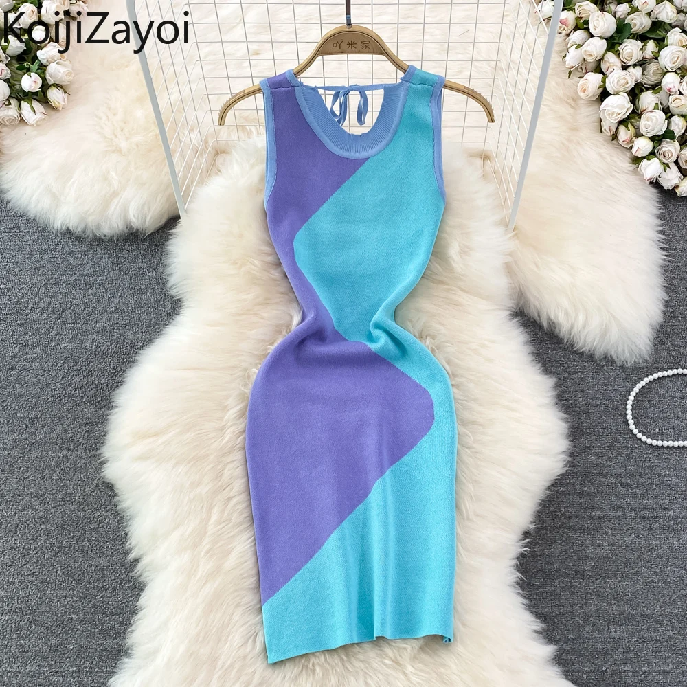 

Koijizayoi 2022 Summer Women Fashion Knitted Dress V-neck Contrasting Color Slim Mini Short Dresses Lady Sleeveless Casual Robe