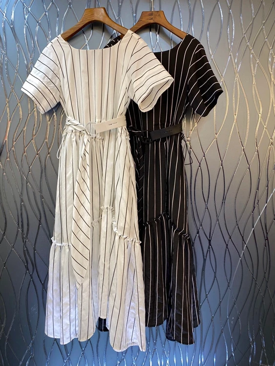

2022 new women fashion short sleeve round neck back V neck striped belt slim lace long skirt simple dress 713
