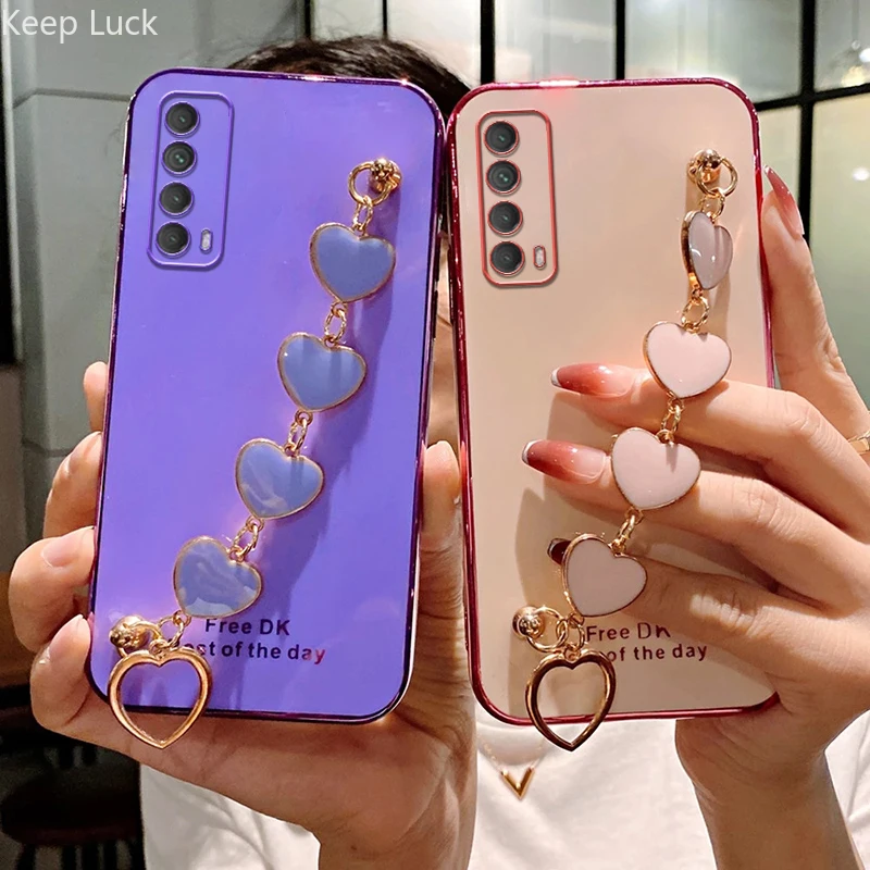 

Luxury Plating Red Love Heart Bracelet Phone Case For Huawei P30Lite P40Lite Y7 Y9 Prime 2019 Y6P Y7P Y7A Y9S Honor 9X Pro Cover