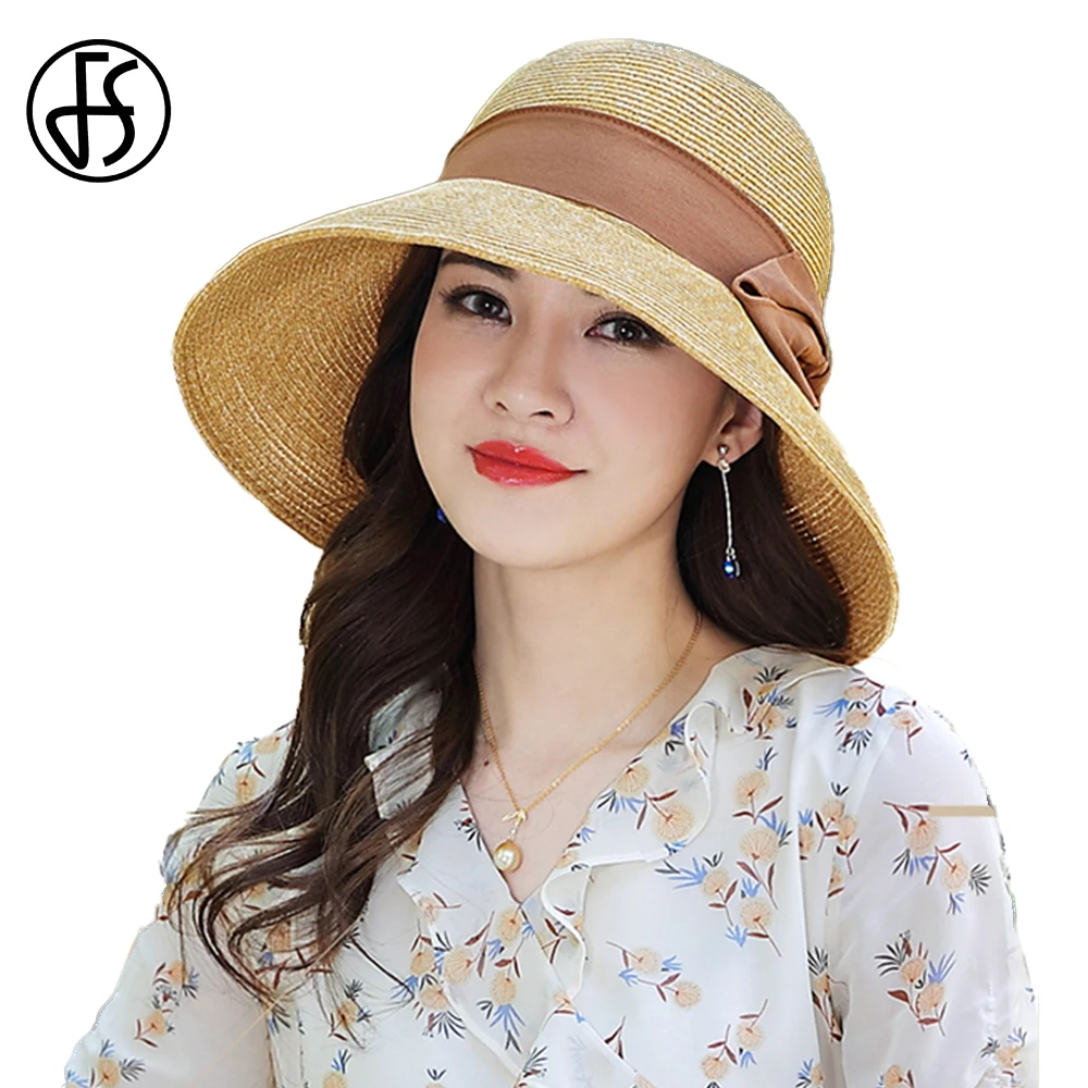 

FS Summer Wide Brim Straw Hats For Women Foldable Holiday Travel Visor Hat Ladies Sun Protection Cap Fedora Chapeau Femme