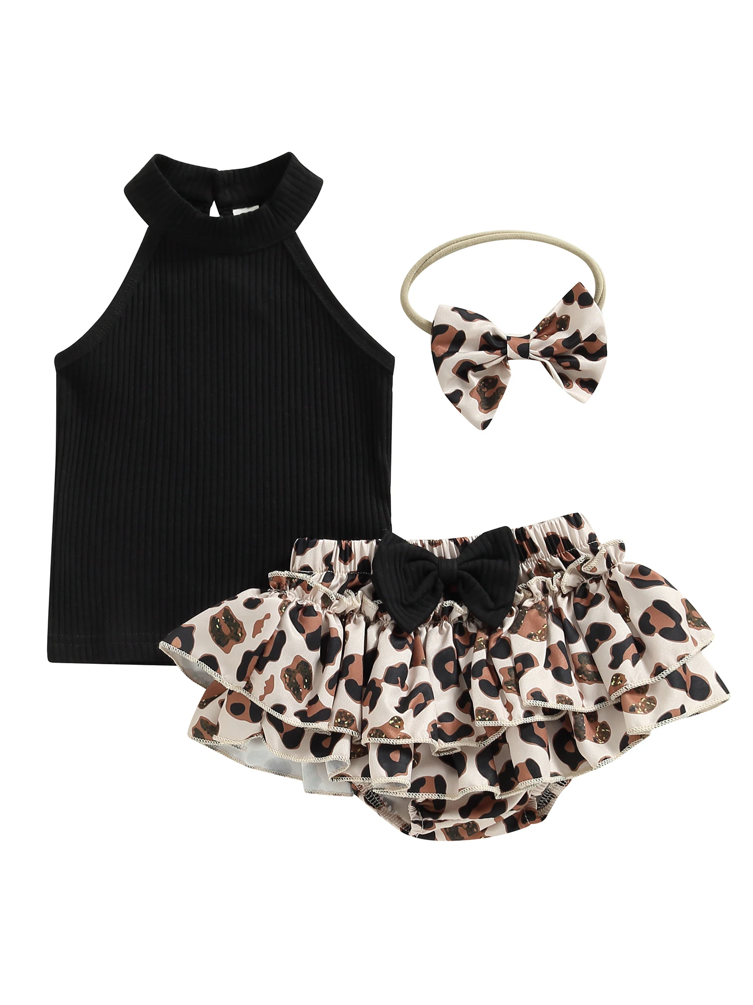 

Baby Girl 3Pcs Summer Outfits Sleeveless Halter Tops Ruffle Shorts Headband Set