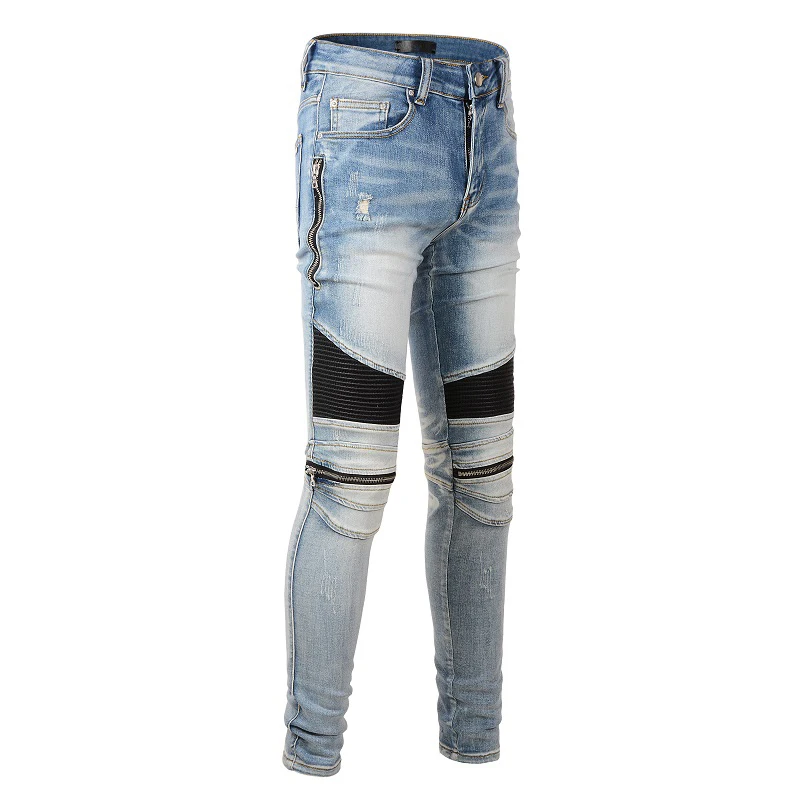 

AM New Streetwear Classic Fashion Style Slim Fit Distressed Side Zippers Bikers Motorcycle Skinny Stretch Ribs Ripped Jeans For