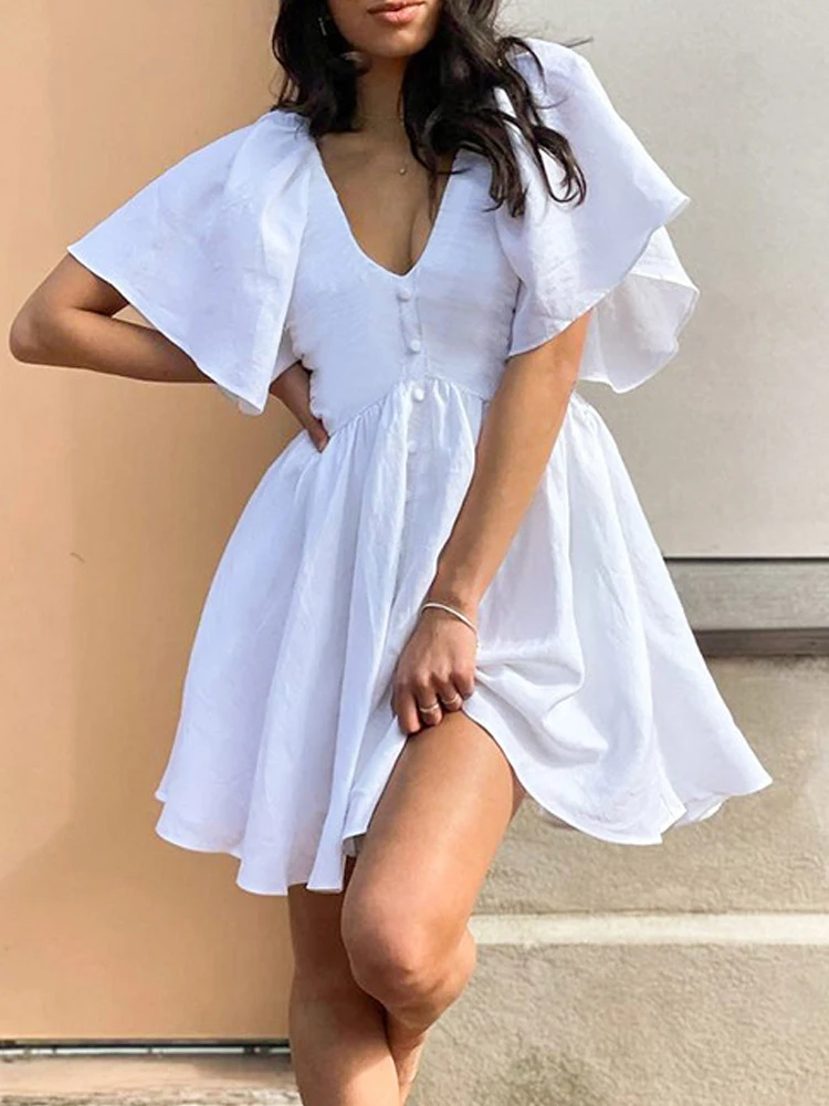 

2022 Summer Women Solid Mini Dress Fashion Ruffles Short Sleeve V Neck Party Sweet Beach Dress Lady Elegant Loose Dress Vestidos