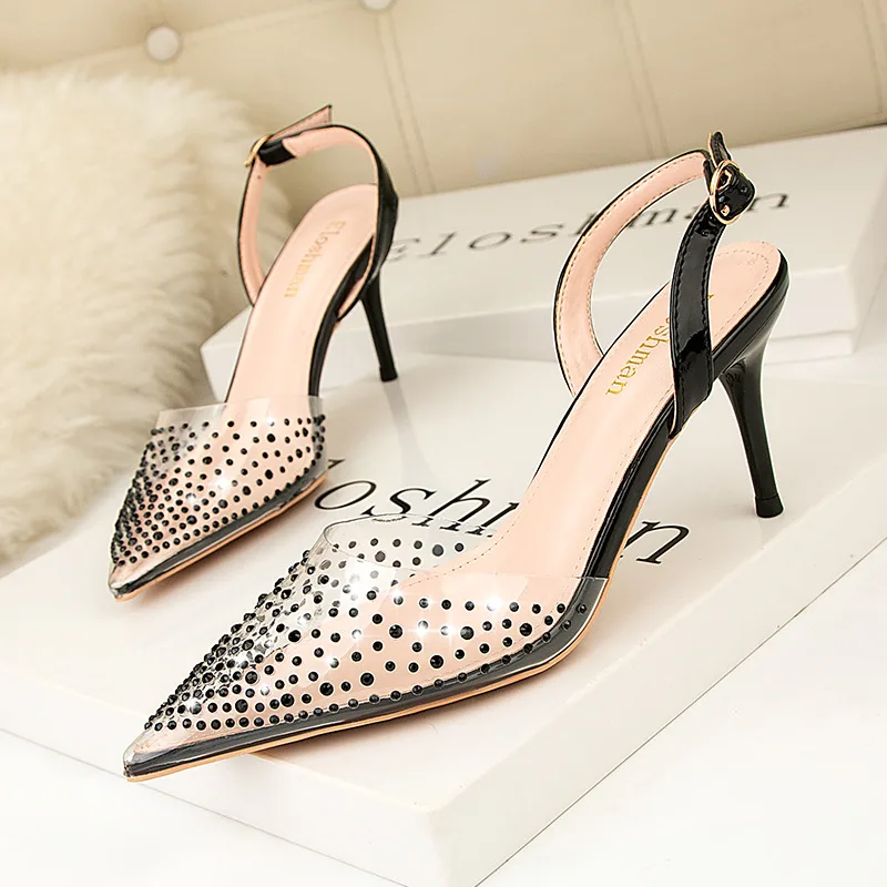 Size 41 Women Sandals 2022 Women Pumps Pointed Shallow High Heels Shoes Transparent Rhinestone Party Weding Sandals Ladyes Sheos