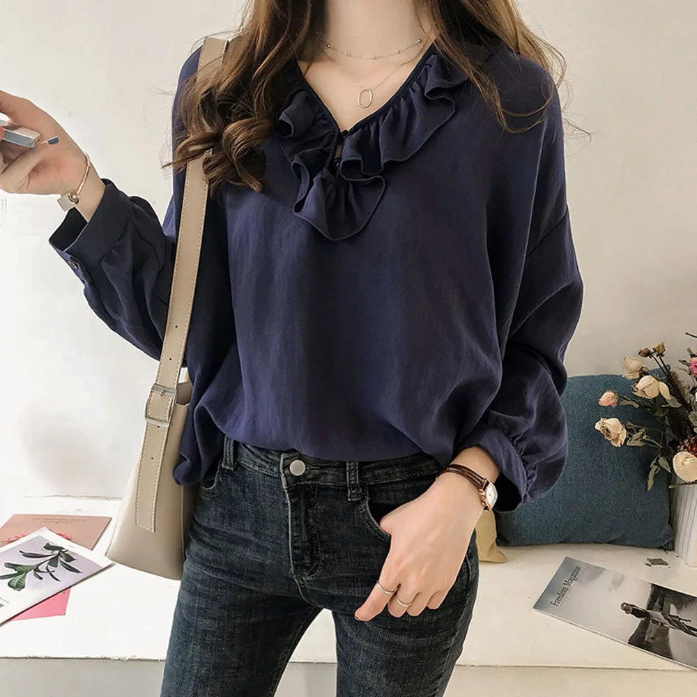 

Ladies Blouse Korean Version Loose Ruffled V-neck Long Sleeve Women's Long-sleeved Chic Hong Kong-style Blouse Bottoming Shirt