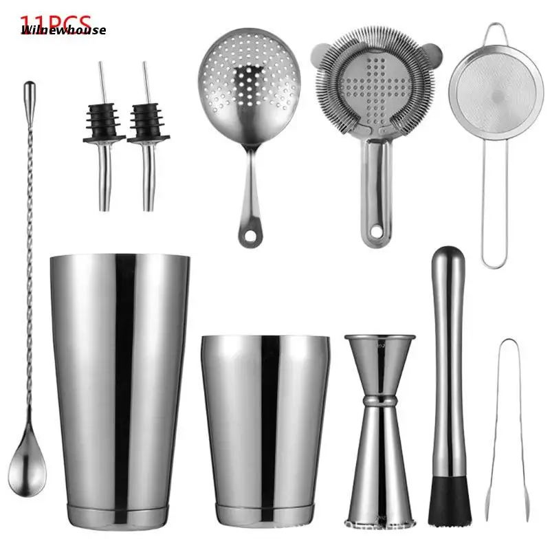 

F63A 11pcs Stainless Steel Cocktail Shaker Bar Strainer Double Jigger Muddler Spoon