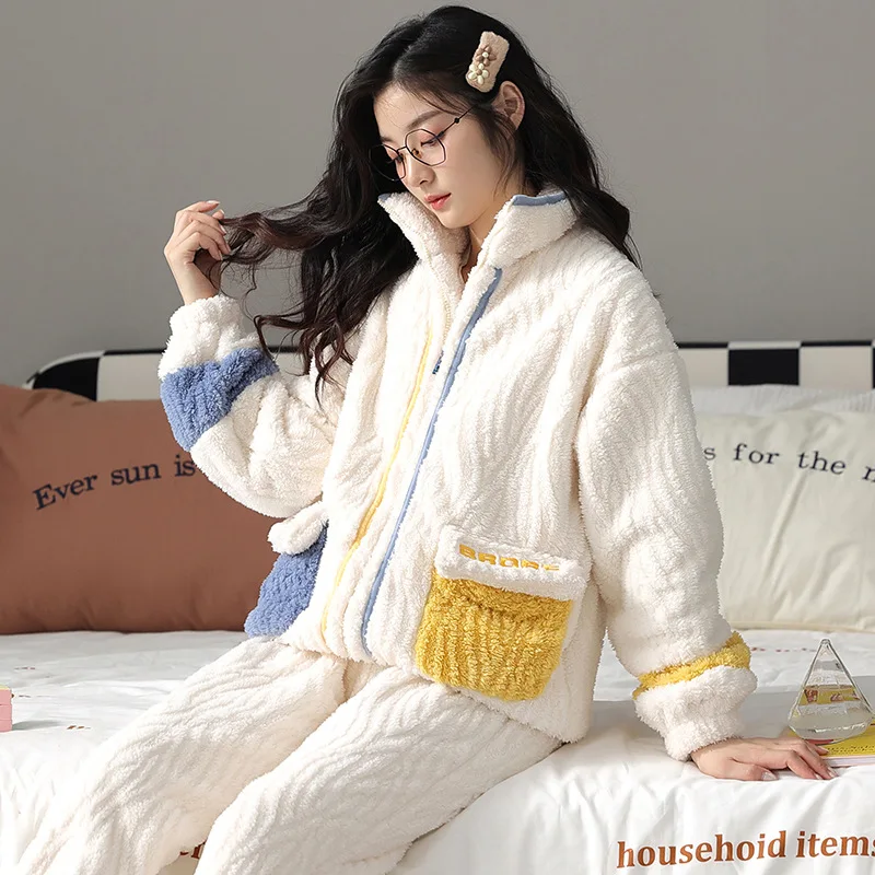 Yasuk Autumn Winter Women's Casual Lovely Sweet Girl Warm Soft Sleepwear Loose Pajamas With Pants  Velvet Simple Splicing Pocket